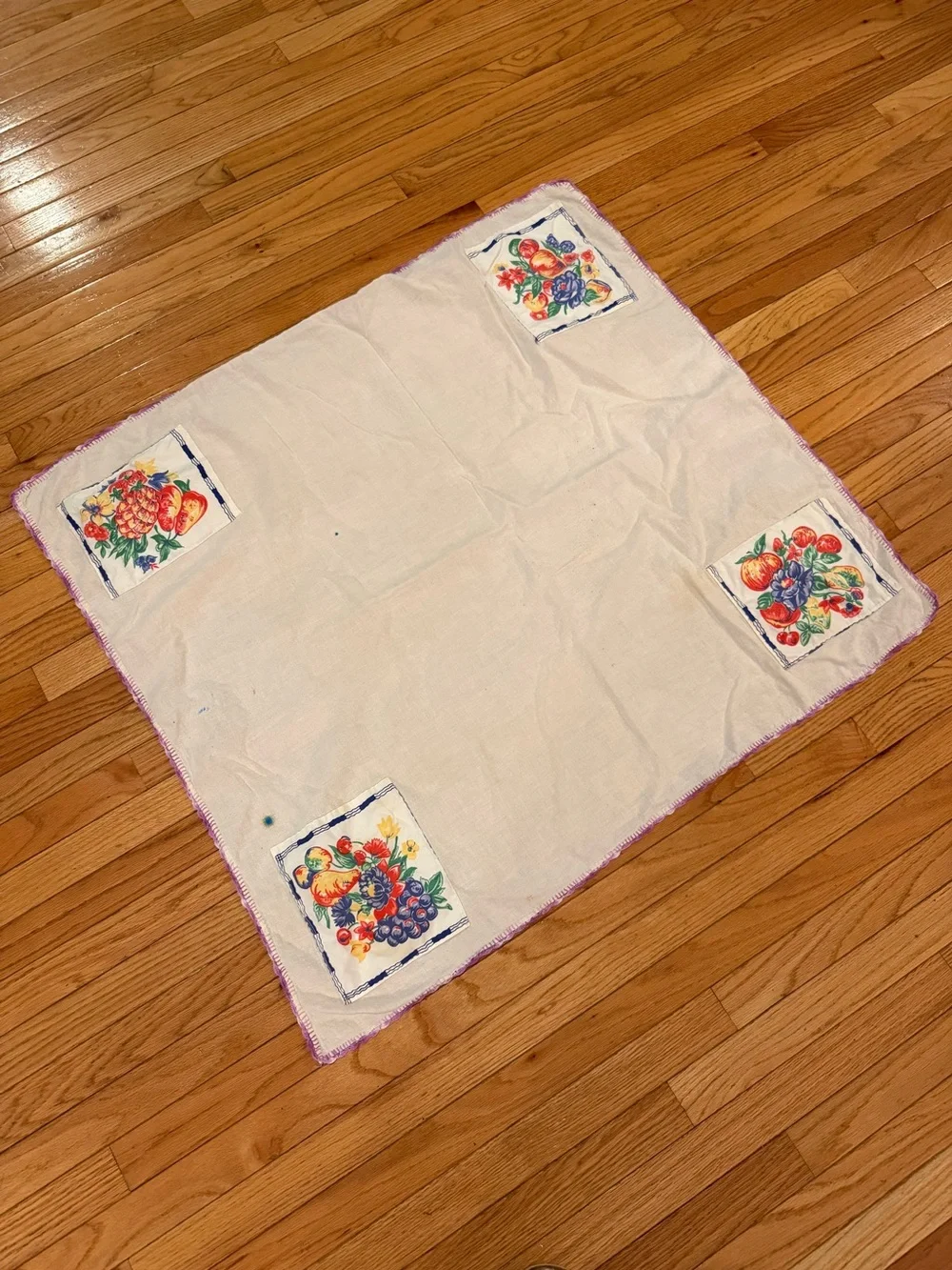 Vintage cotton tablecloth fruit print patches crochet edge 34x36 grannycore